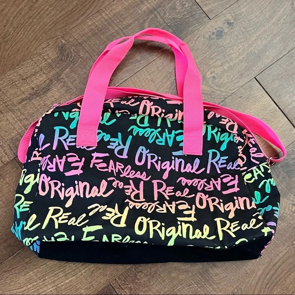 Justice girl LIVE! duffel bag black w/rainbow ombré adjustable strap